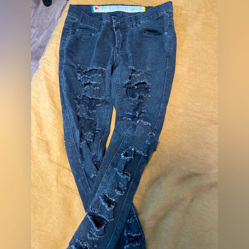 Black distressed grunge, goth core black skinny jeans with lace lining. Size 4